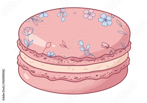 Isolated, stylized, decorated pink macaron on white background for dessert designs