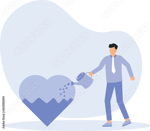 Work passion and motivation to success and win business competition, mindset or attitude to work,businessman pouring water to fulfill heart shape for passion

