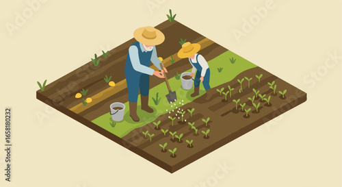 Isometric farmers fertilize seedlings with shovel and bucket in field. Isolated