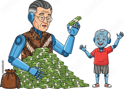 Elderly robot man in batik shirt stacks money while cheerful robot child watches. Satirical scene of wealth, inheritance, and generational contrast in a futuristic setting.