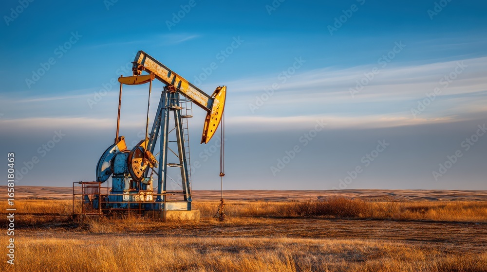 Industrial oil pump jack in vast golden grassland at sunset, energy production machinery in natural rural landscape, oil industry equipment outdoors Industrial oil pump jack in vast golden grassland at sunset, energy production machinery in natural rural landscape, oil industry equipment outdoors