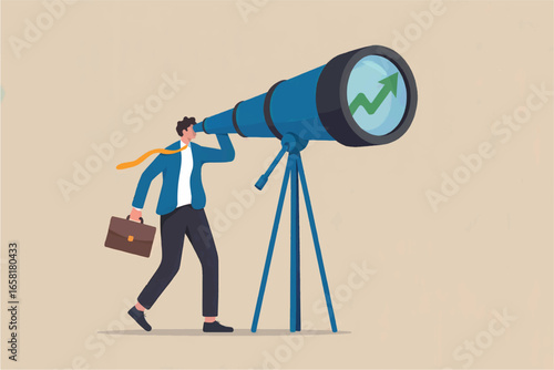 Businessman uses a telescope to observe upward growth trends and market opportunities for future business success