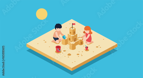 Kids Building Sandcastle on a Beach with Sun in the Background, Isometric Illustration