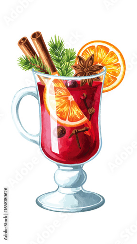 Watercolor Illustration of Mulled Wine with Spices – Holiday Drink Artwork