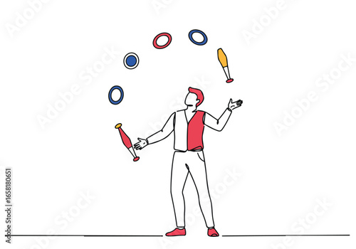 Flat linear illustration of a person juggling objects on a white backdrop