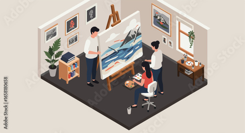 Isometric artist group paints landscape on canvas in studio with art on walls