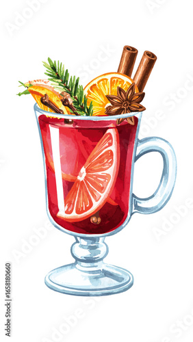 Watercolor Illustration of Mulled Wine with Spices – Holiday Drink Artwork
