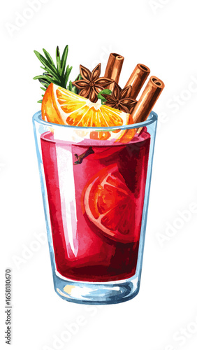 Watercolor Illustration of Mulled Wine with Spices – Holiday Drink Artwork