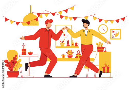 People dancing at home with party décor. Possible use for home party design