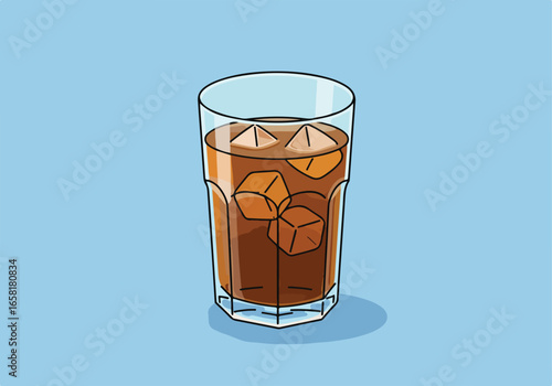 Chilled beverage in glass with ice cubes on light blue backdrop, drink illustration
