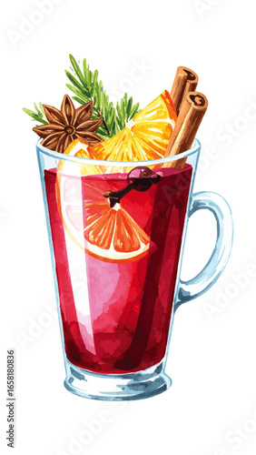 Watercolor Illustration of Mulled Wine with Spices – Holiday Drink Artwork