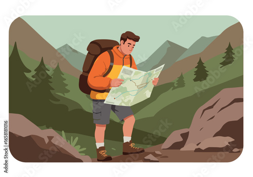 Hiker with backpack reading map on trail in mountain background for adventure