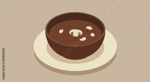 Mushroom soup bowl on plate with light backdrop for food blogs, ads, recipes
