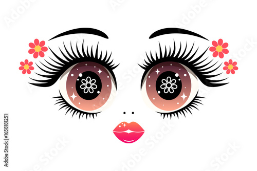 Anime doll face with big gradient eyes and red lips