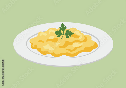 Illustration Scrambled Eggs with Parsley Garnishing on Plate. Green Background