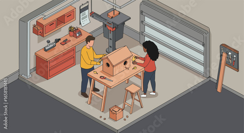 Couple building birdhouse using tools in garage with woodworking machines in background