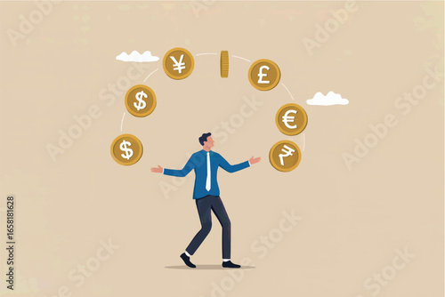 Businessman juggling global currency symbols representing financial management and international exchange