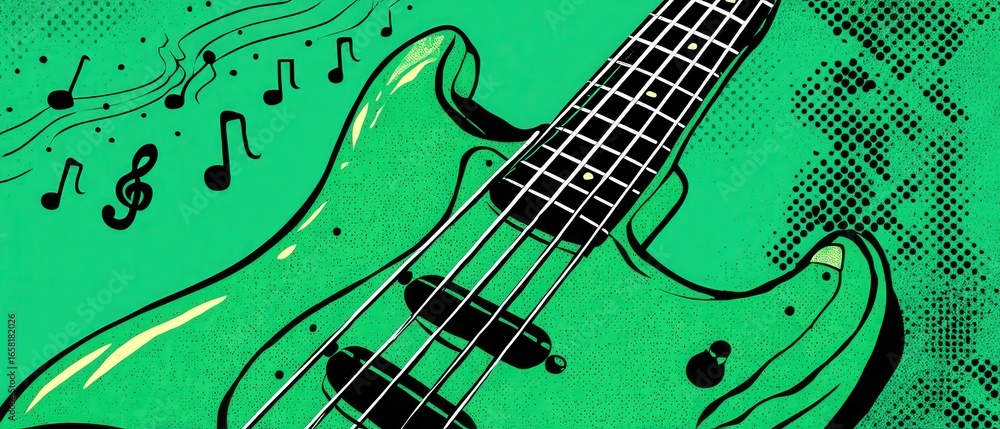 Naklejka premium Vibrant green electric bass guitar with musical notes in a pop art style illustration for music and entertainment concepts