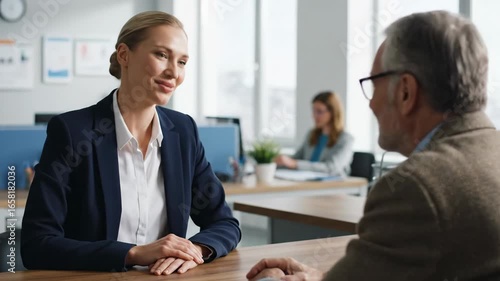 Wallpaper Mural Businesswoman Consulting Senior Client - A friendly female financial advisor sits across a table from a male client in a modern office, discussing financial matters. Torontodigital.ca