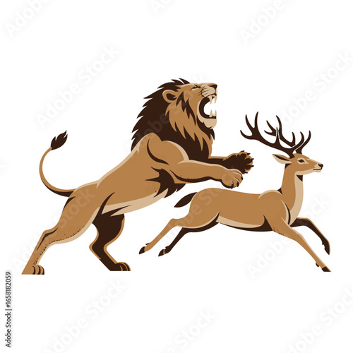 A fierce lion pouncing on a running deer, a dynamic depiction of the predator and prey relationship vector illustration design