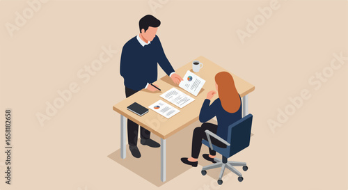 People at desk review documents, with coffee in the background. Isometric view