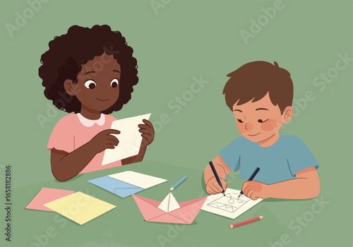 Kids drawing, crafting, creating origami boats at table in simple, plain background