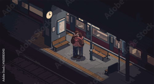 Couple hugging on platform as train arrives at night; possible farewell, or welcome