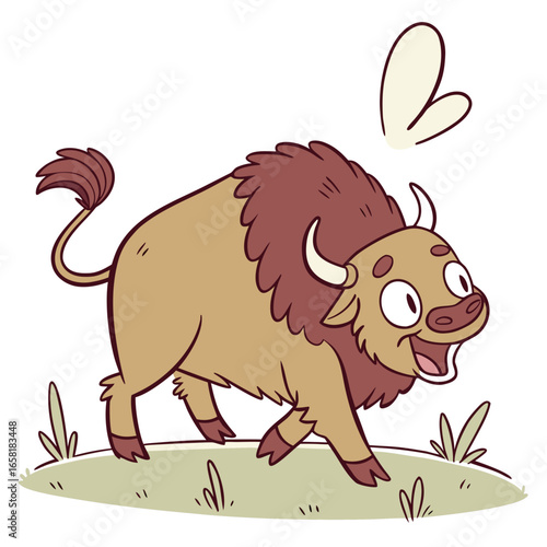 Cute cartoon bison walking happily
