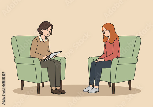 Woman consults advisor; background has wall, for office use