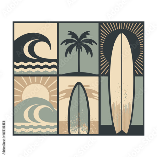 A retro patch design with beach and surfing elements including waves, palm trees, and a surfboard vector illustration design