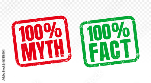 100% myth and fact set square red grunge rubber stamp, green and red color. For icon, logo, label, seal, tag, sign, symbol, badge. Vector illustration