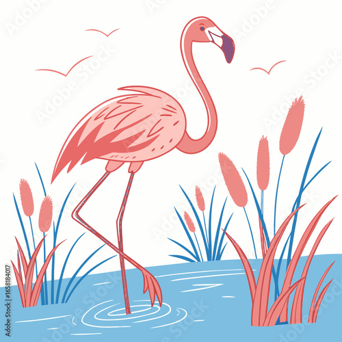 Pink Flamingo in a Wetland