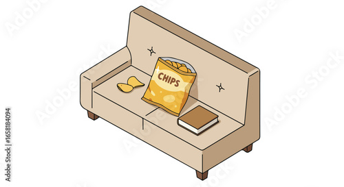 Chips and a book on a sofa, on a white background, can be used in blogs