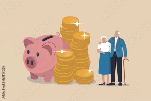 Elderly couple stands beside pink piggy bank and stack of gold coins symbolizing retirement savings and financial security