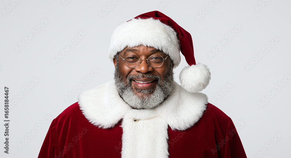 Naklejka premium Portrait of a smiling african american santa claus wearing a red suit and santa hat on a white background