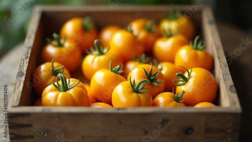 Yellow tomatoes in the wooden box. Close up. 
