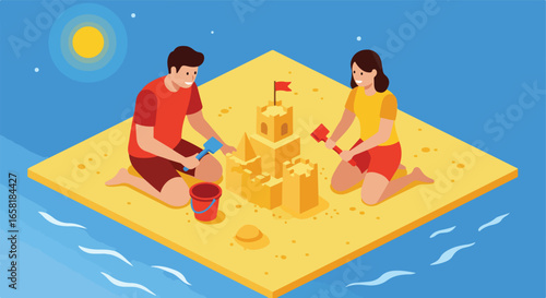 Couple builds sandcastle on beach under sun, water view. Marketing summer vacation