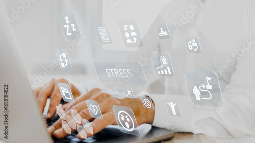 stress management concept holographic icons with symbols of health, anger, movement toward a goal, sleep, physical education located near the psychotherapist's laptop screen