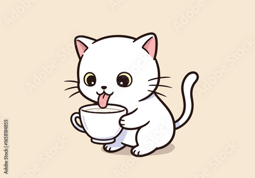 Cartoon cat drinks coffee from a white mug on a plain background, vector for ads