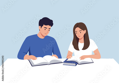 Students Study Together, Opening Books at Table with Light Blue Background