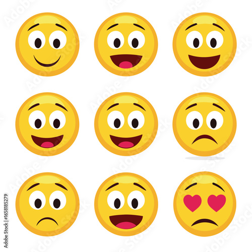 Nine cartoon smiley face emojis with different expressions