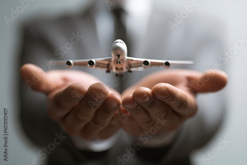 A person in a suit holds a toy airplane in their cupped hands presented towards the viewer