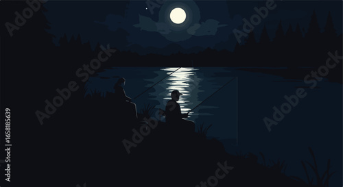 Fishing on the lake at night; moon shines on the water near the forest in the distance