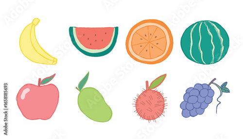 Hand Drawn Fruits Collection of Banana, Watermelon, Orange, Apple, Mango, Rambutan, Grapes Vector Colorful Illustration