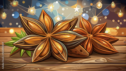 Star anise pods rest gracefully on rustic wooden surface, surrounded by soft bokeh lights, creating warm festive atmosphere for seasonal cooking and decoration, beautifully isolated against clean whit