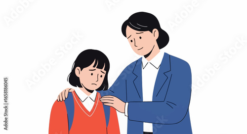 Empathetic Teacher Comforting Sad Student Illustration for Educational Resources and Social Emotional Learning Materials. Suitable for textbooks, posters, and online platforms.