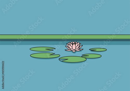Water lily blossom floats on pond, lily pads in the water. Wall behind. Nature use