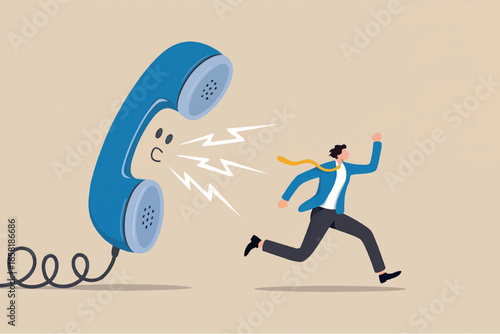 Frustrated businessman running away from an overwhelming and loud ringing telephone in a stressful work environment