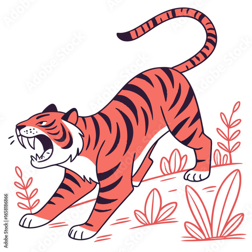 Illustration of a roaring tiger with plants