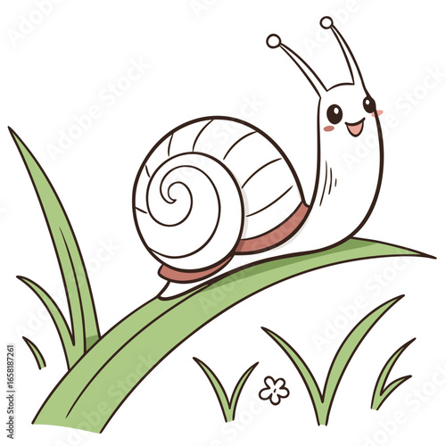 Cute Cartoon Snail on Green Grass